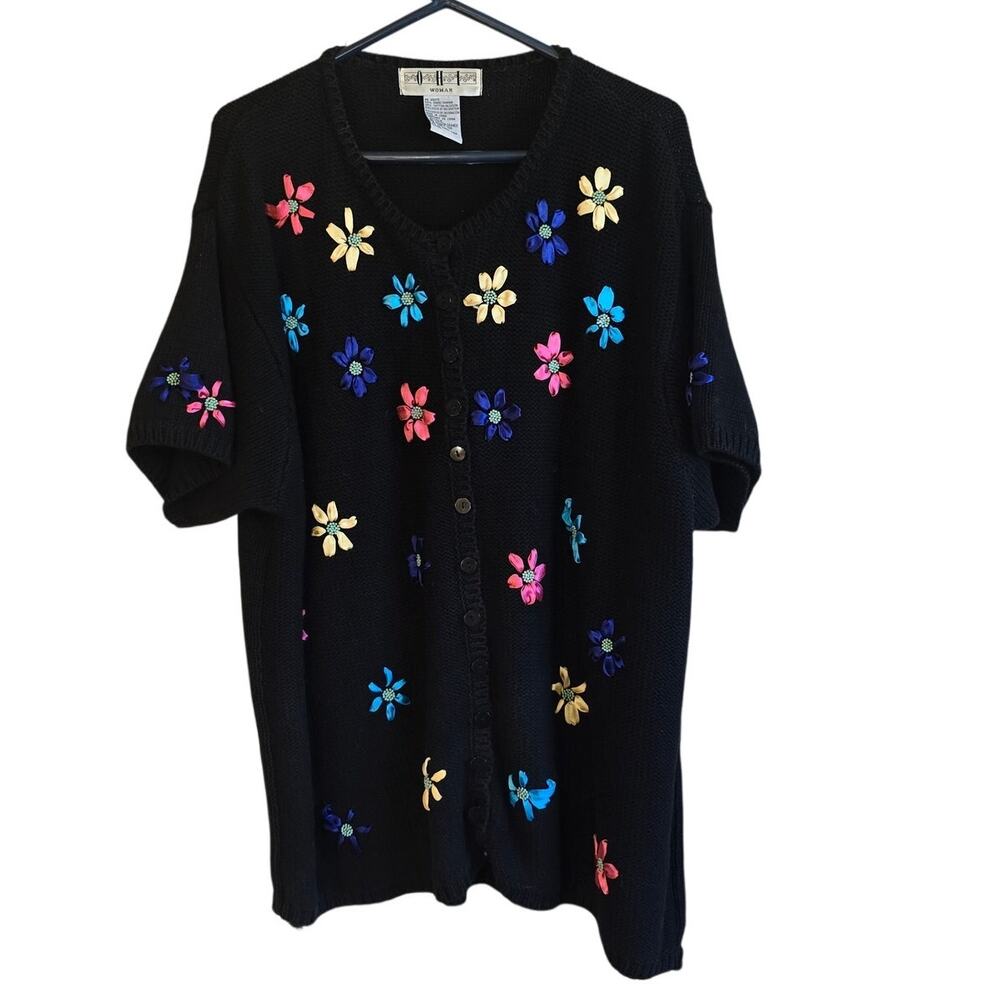 Vintage OHI ribbon and pearl floral knit cardigan size 2x